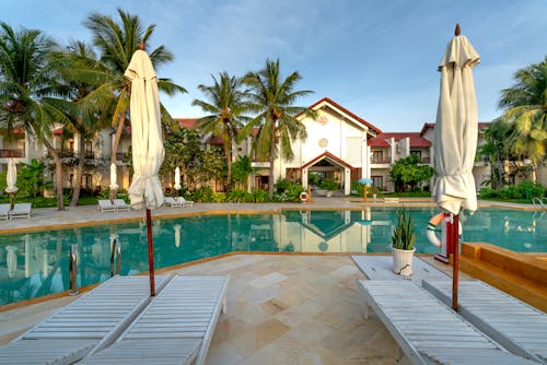 Swimming Pool Surrounded by Empty Deck Chairs