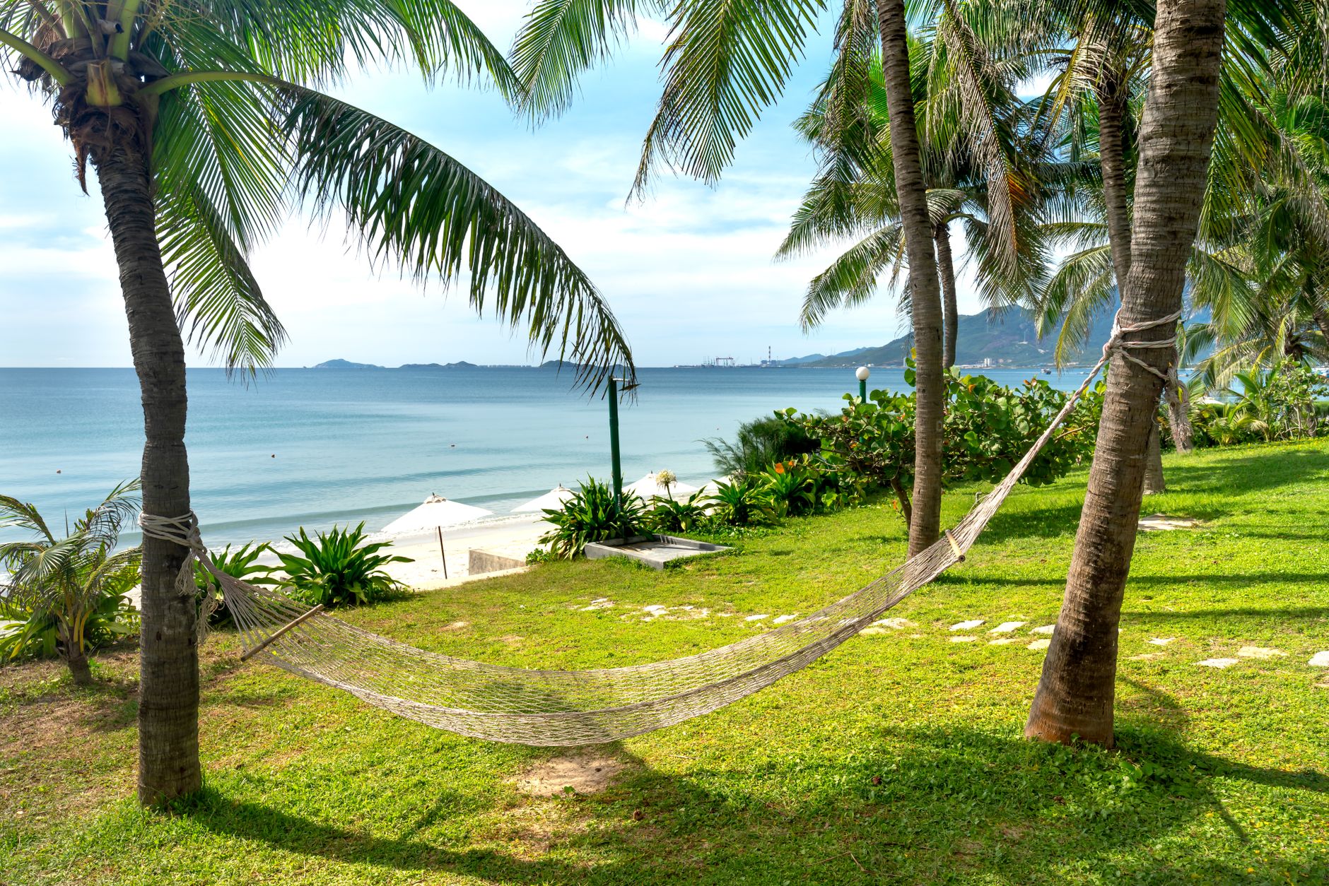 Relaxing tropical beach view with hammock and palm trees on a sunny day.