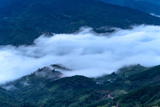 A stunning aerial view of fog rolling through lush mountain valleys, creating a serene landscape.