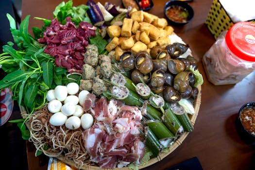 A variety of fresh Asian ingredients on a basket, perfect for hotpot or soup dishes.