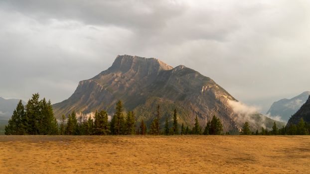 Captivating view of a mountain peak surrounded by trees and mist at sunrise.