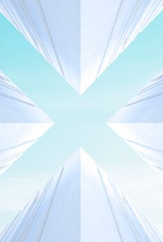 Stunning upward view of modern architecture in Rabat, Morocco, showcasing symmetry and minimalism.