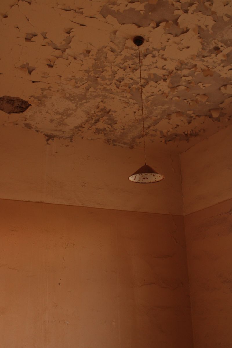 Water-stained and damaged ceiling around a light fixture
