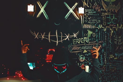 A masked individual stands before a chalkboard filled with neon drawings and cryptic messages, creating a mysterious ambiance.