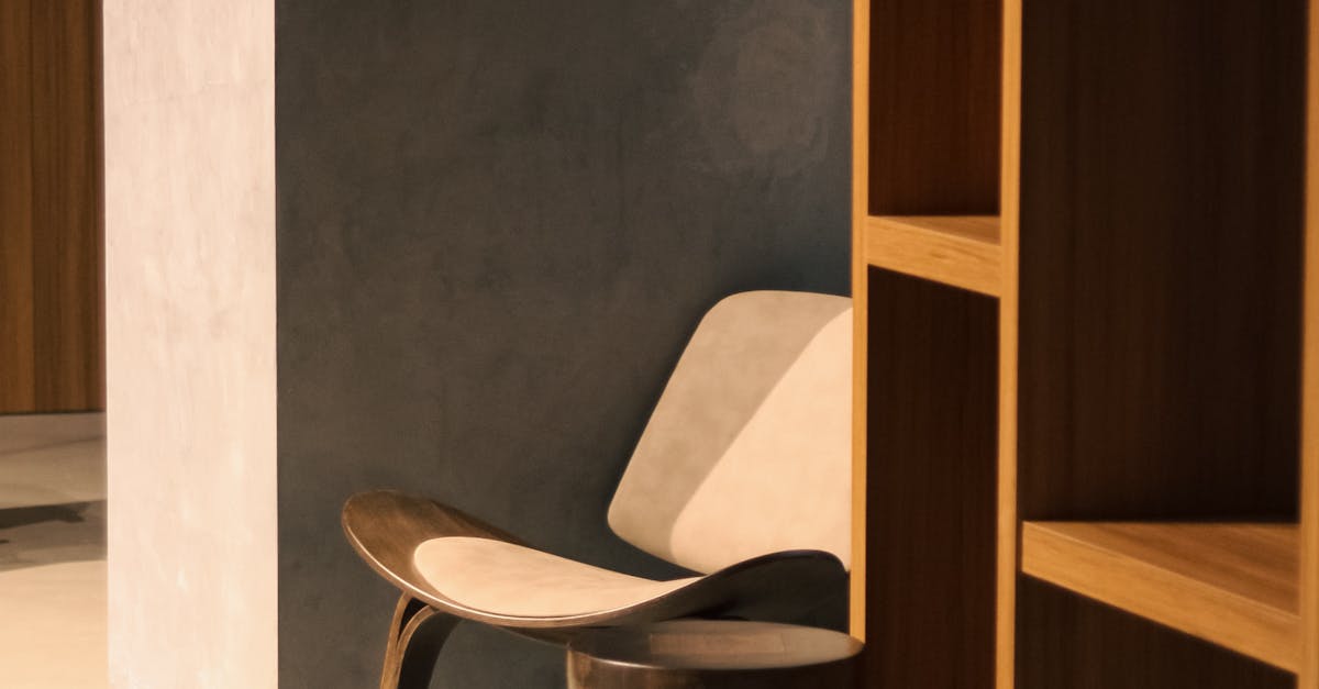 Modern interior featuring a sleek chair and wooden shelves, showcasing minimalist design with warm tones.