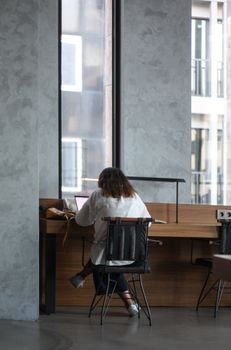 Back view of a woman sitting at a desk using a laptop in a modern office environment.