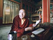 A monk in traditional attire intently reads religious scriptures inside a decorated room.
