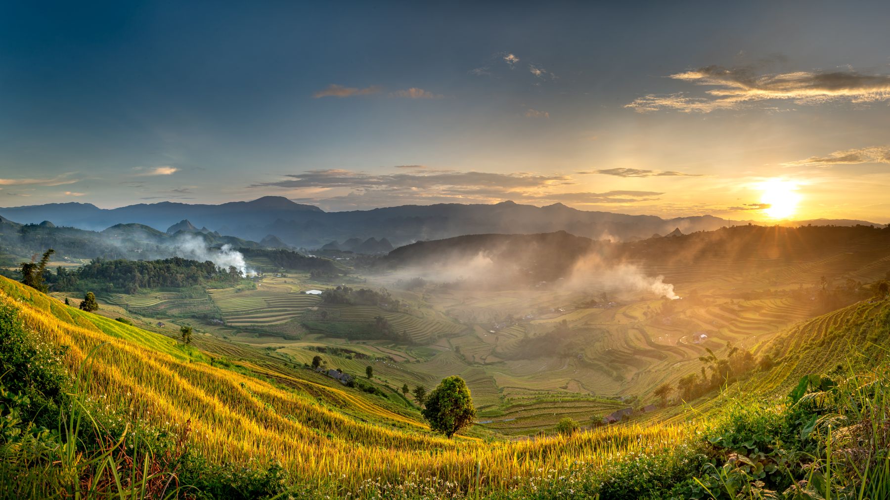 Stunning sunrise over lush terraced rice fields in the mountains, capturing nature's beauty and tranquility.
