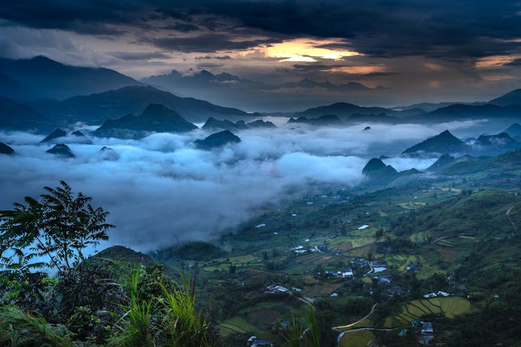 Village In Asia At Dusk 