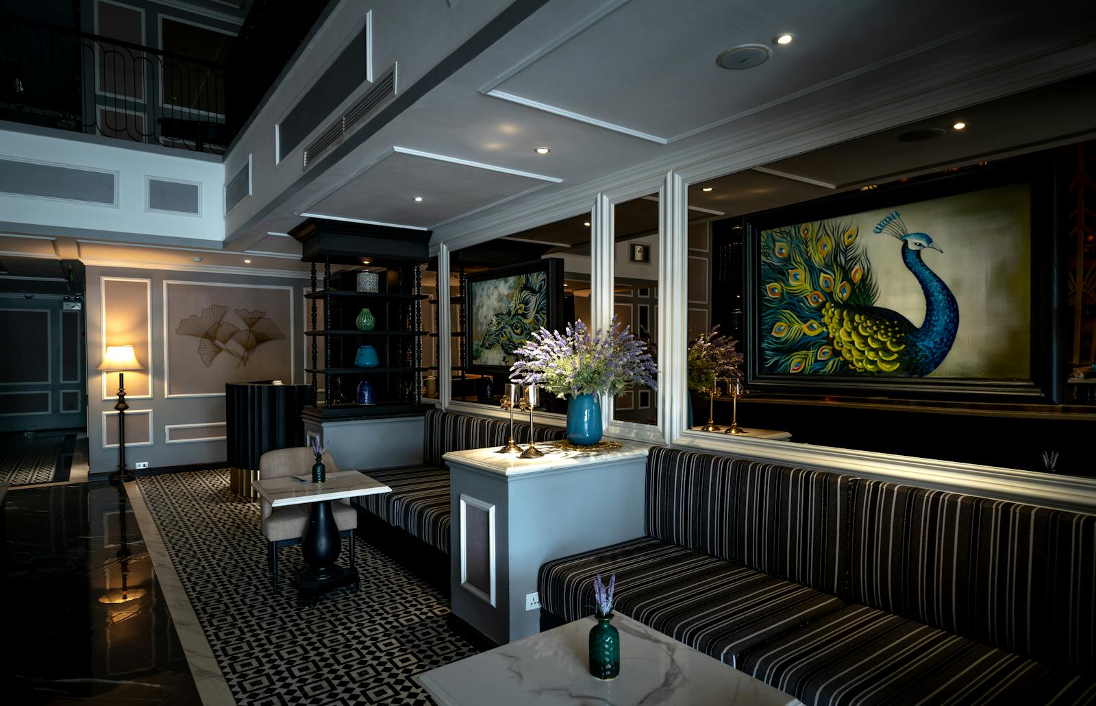 Luxury hotel foyer with artwork