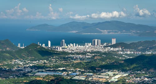 Panoramic View of a Coastal City from Above