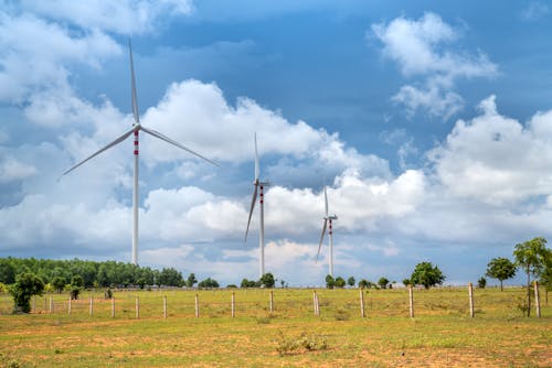 White Wind Turbines on Grass Fields