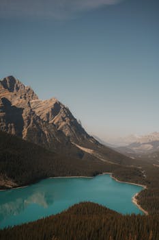 Breathtaking aerial view of Peyto Lake in Banff National Park, Alberta, showcasing pristine glacial waters and majestic mountains.