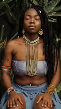Elegant portrait of a Nigerian woman in traditional jewelry, outdoors.