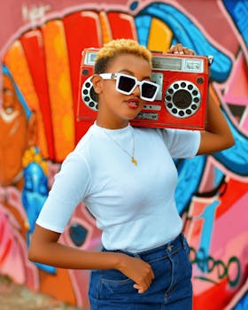Young stylish woman poses with a retro boombox against colorful graffiti wall.