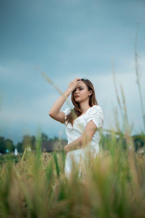 ayakta, Beyaz elbise, çayır içeren Ücretsiz stok fotoğraf