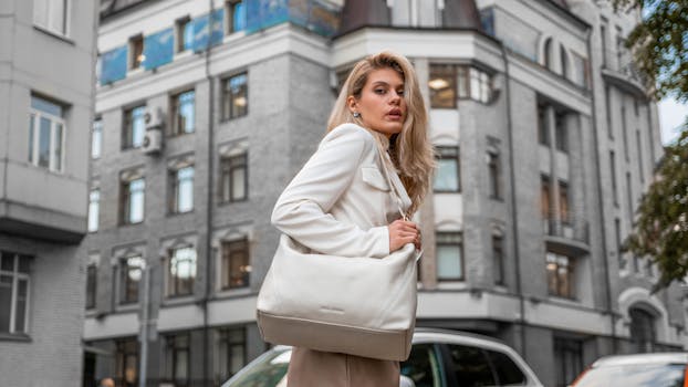 Stylish woman in white outfit and bag walking through city street.