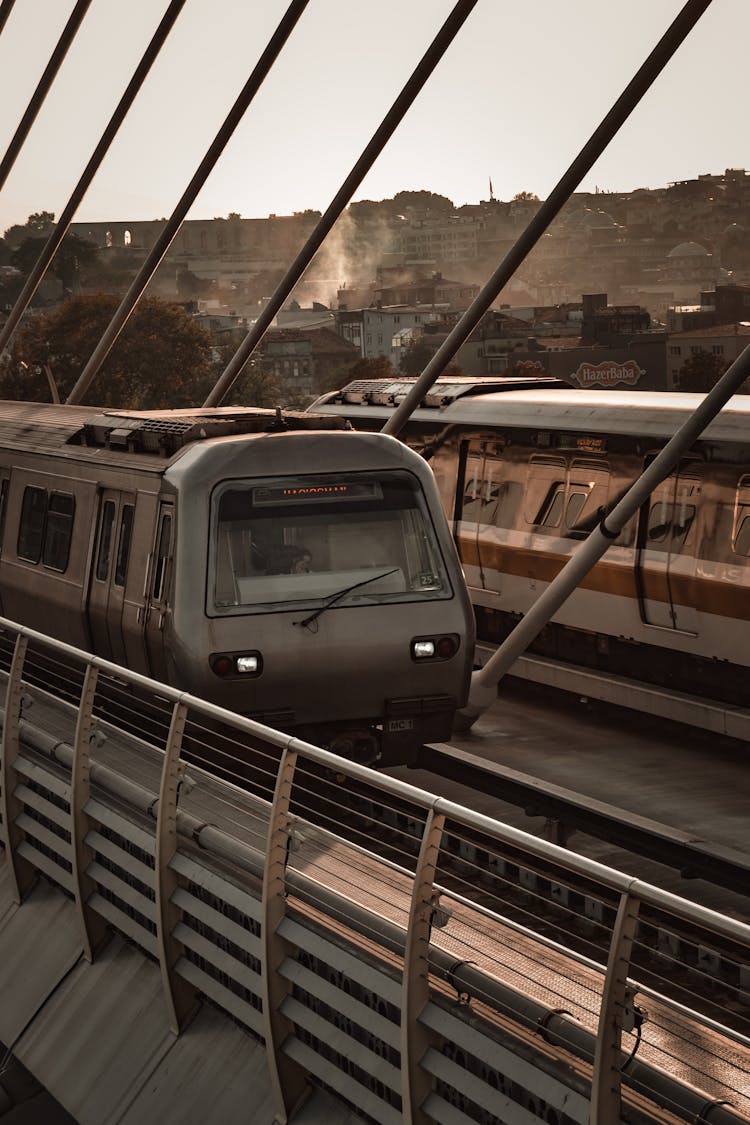 Subway Train Crossing A Bridge At Dusk