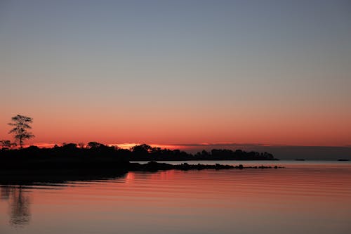 Sunset Sky Over a Calm Lake Along a Silhouette of Trees