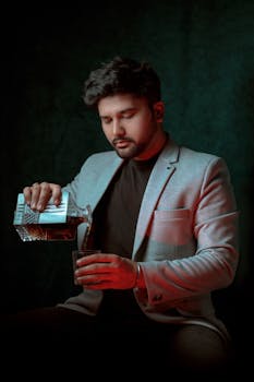 A fashionable man in a light blazer pours whiskey from a decanter indoors, exuding elegance.