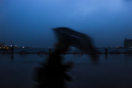 Blurred person holding an umbrella on a rainy night by the waterfront with cityscape in the background.