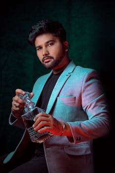 Young fashionable man in a blazer holding a whiskey decanter indoors with a moody atmosphere.