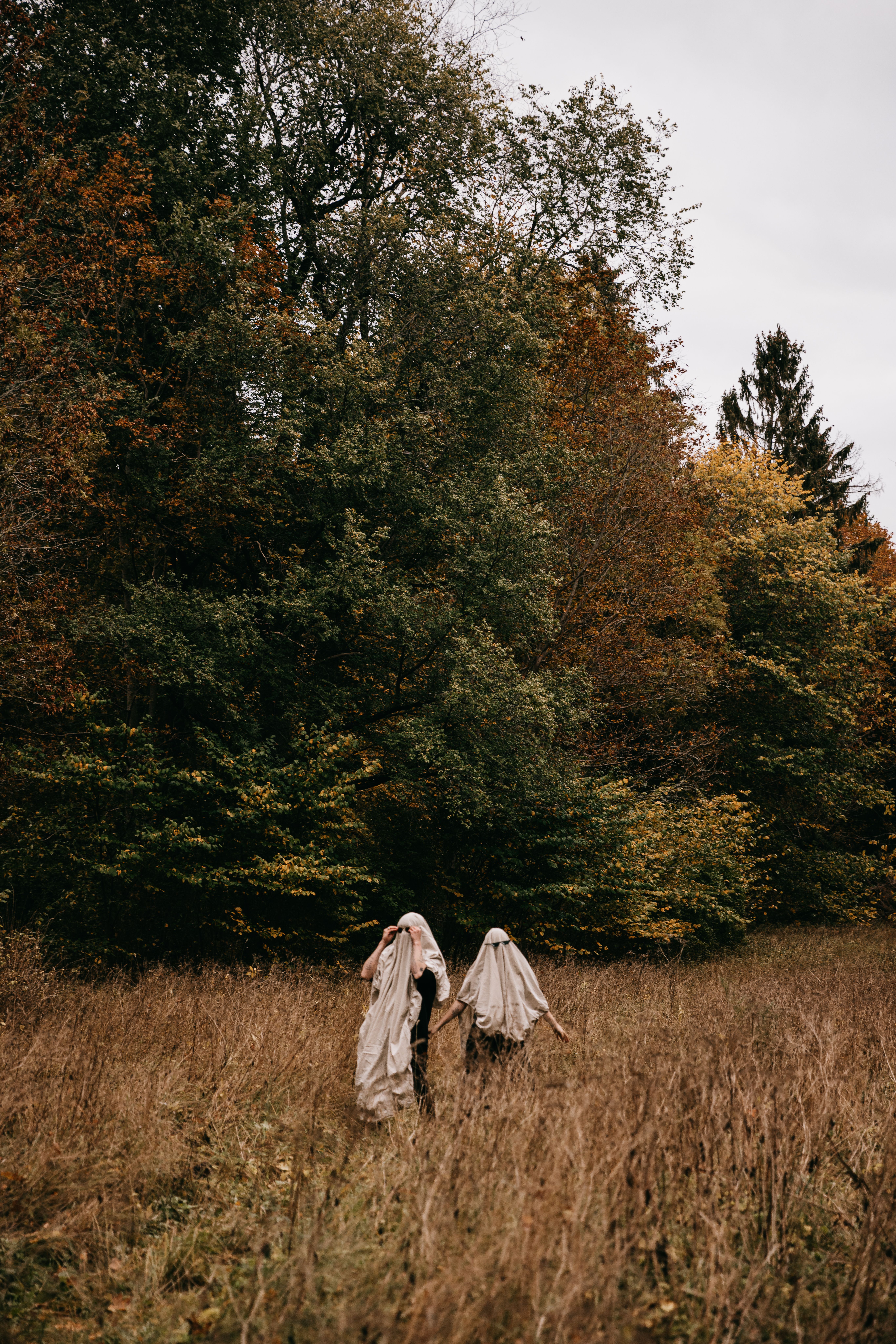 Two kids dressed as ghosts explore a forest field in fall, capturing a spooky, whimsical autumn vibe.