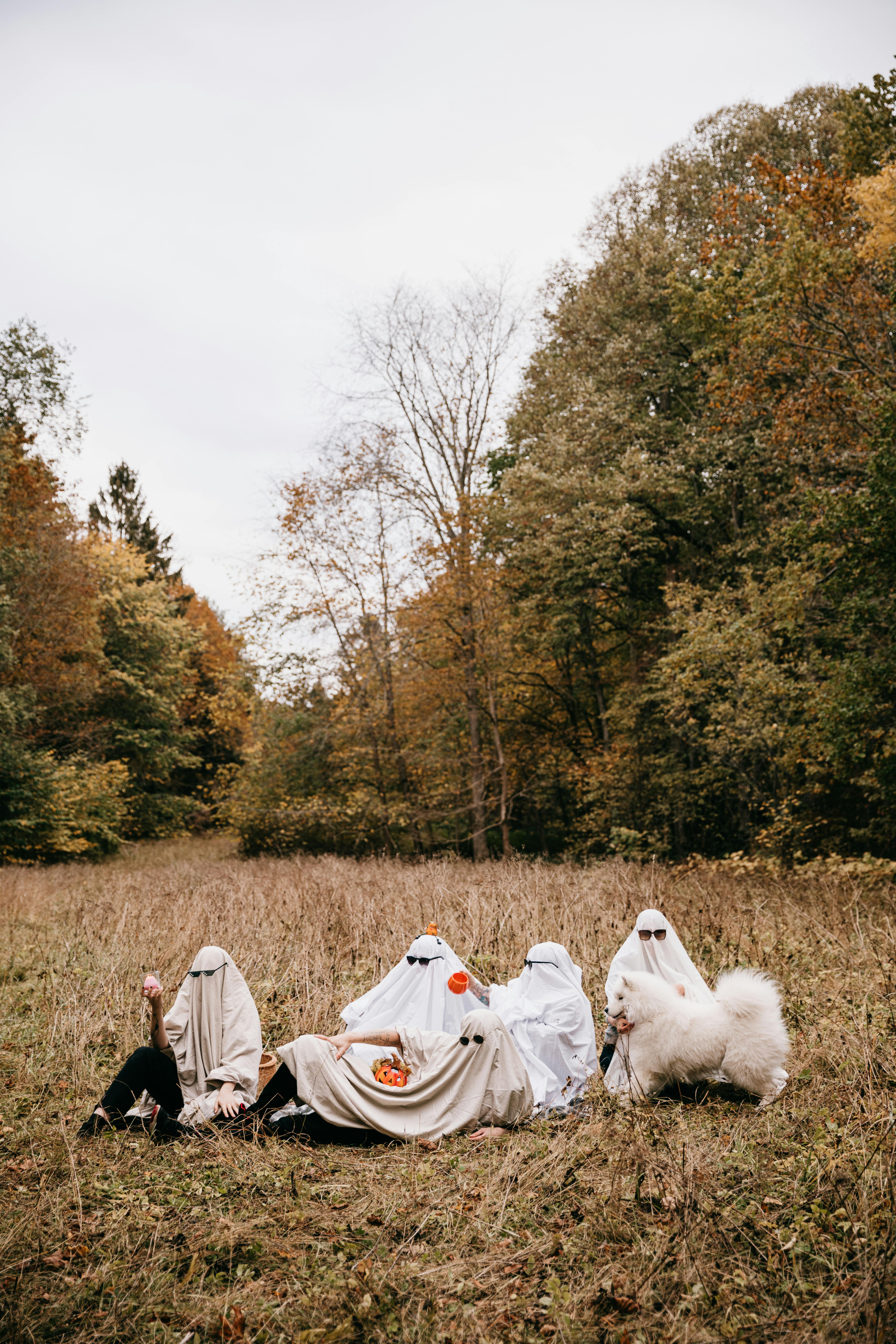 Group of people in ghost costumes sitting in an autumn field
