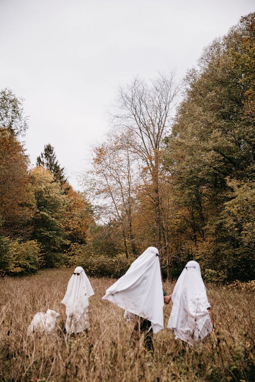 People in Ghost Costumes Walking in Wood