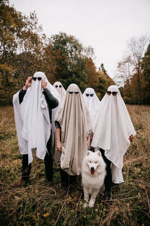 Group of People in Ghost Costumes Standing in Field