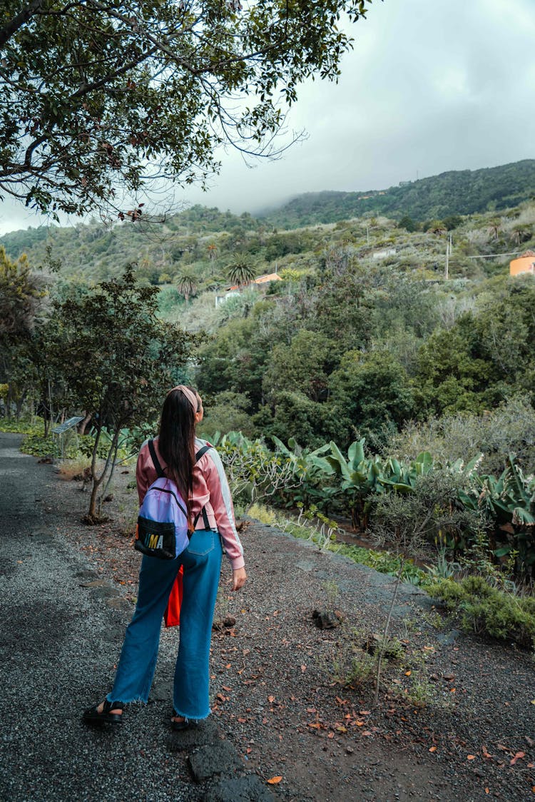 Woman With A Backpack Standing On Mountain Area