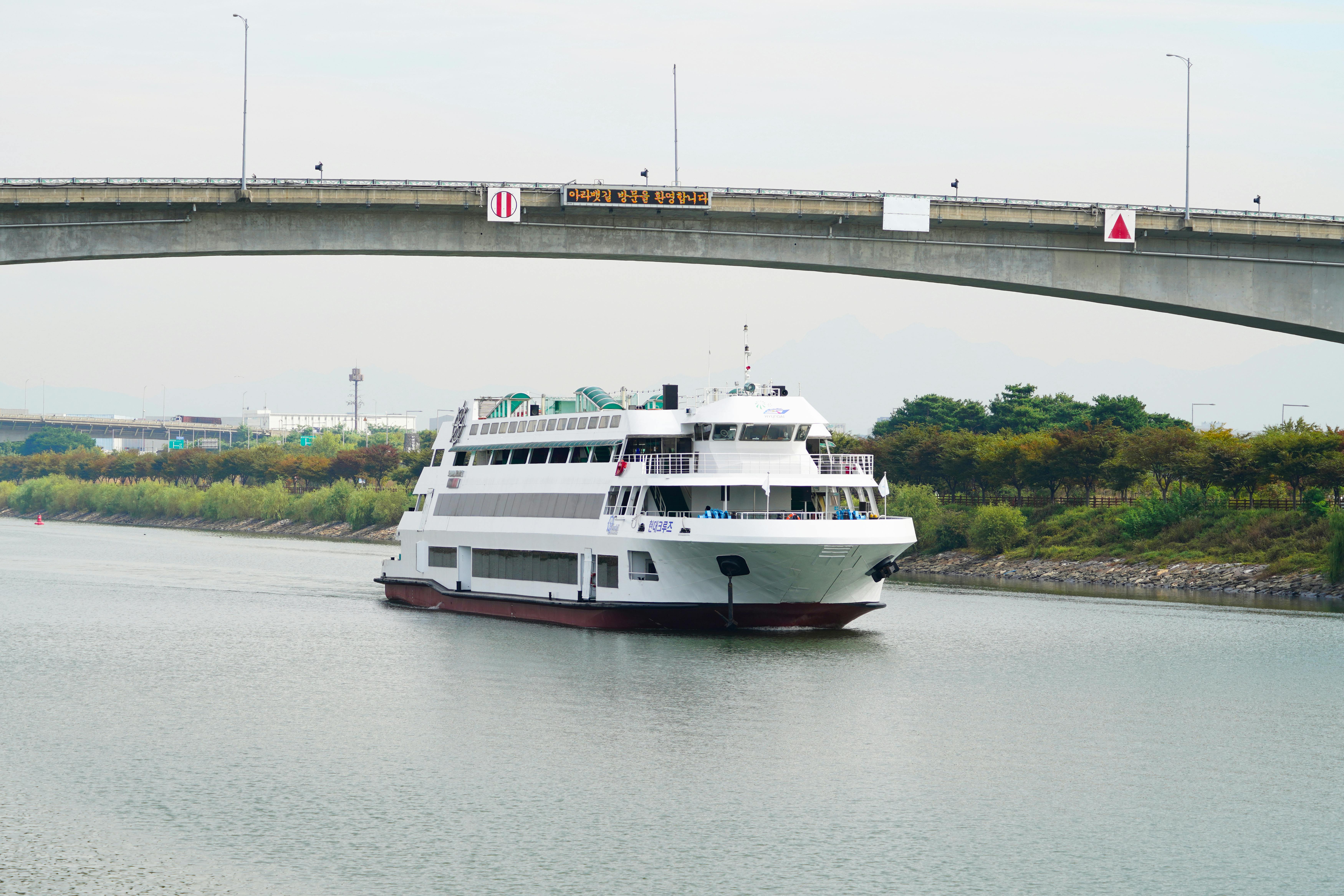 A cruise ship navigates a serene waterway beneath a concrete bridge, set against a lush green landscape.
