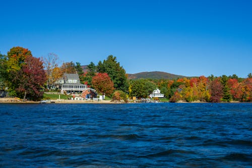 Houses on a Lakeshore among Colorful Trees in Autumn 