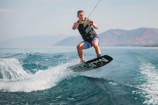 Young man wakeboarding on a sunny day, showcasing skill and agility over the waves.