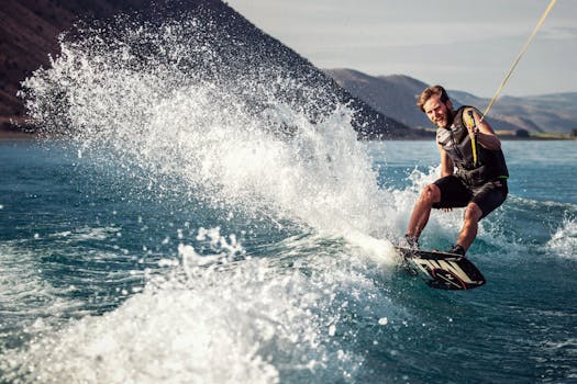 Man wakeboarding on open water, showcasing skill and agility with a scenic backdrop.