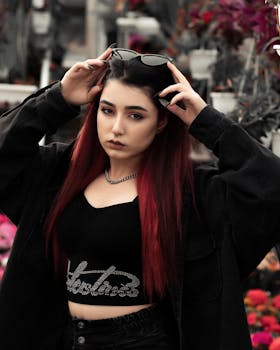 Young woman with red hair in fashion attire adjusting sunglasses in an outdoor setting with floral background.