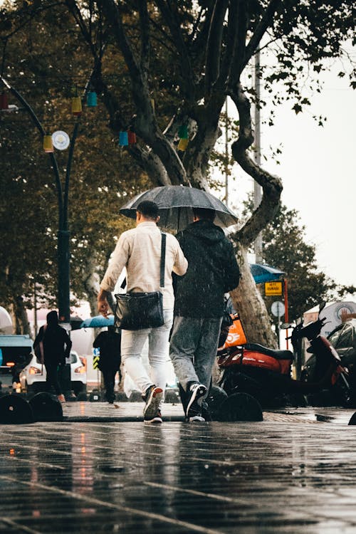 A Man Holding Umbrella while Walking on the Sidewalk