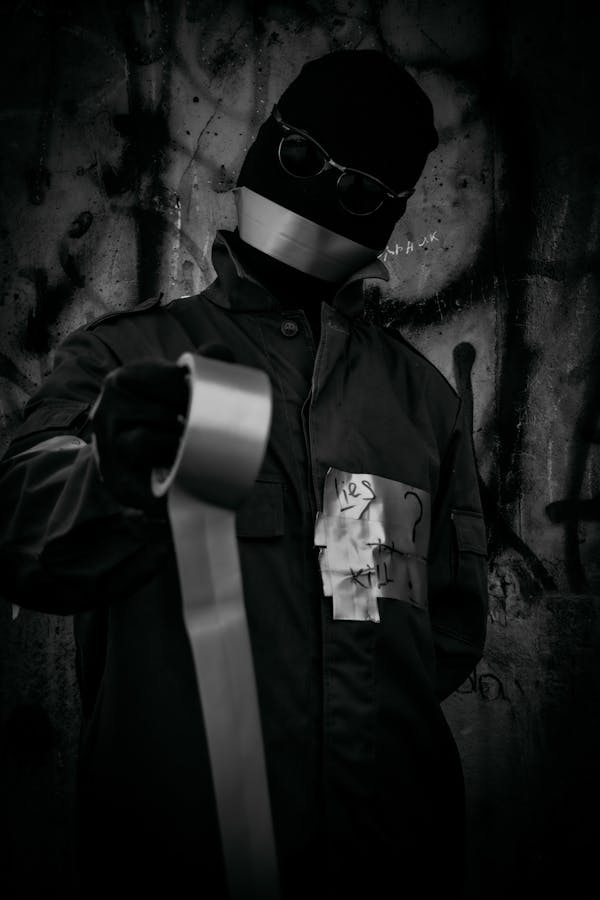 Grayscale Photo of Man in Black Jacket Wearing Gas Mask