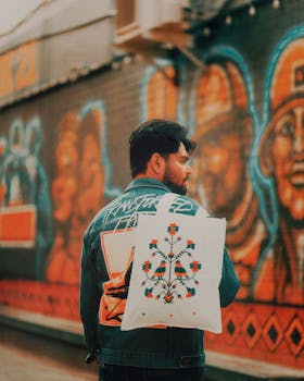 A stylish adult in a denim jacket with a tote bag on a vibrant Ludhiana street.
