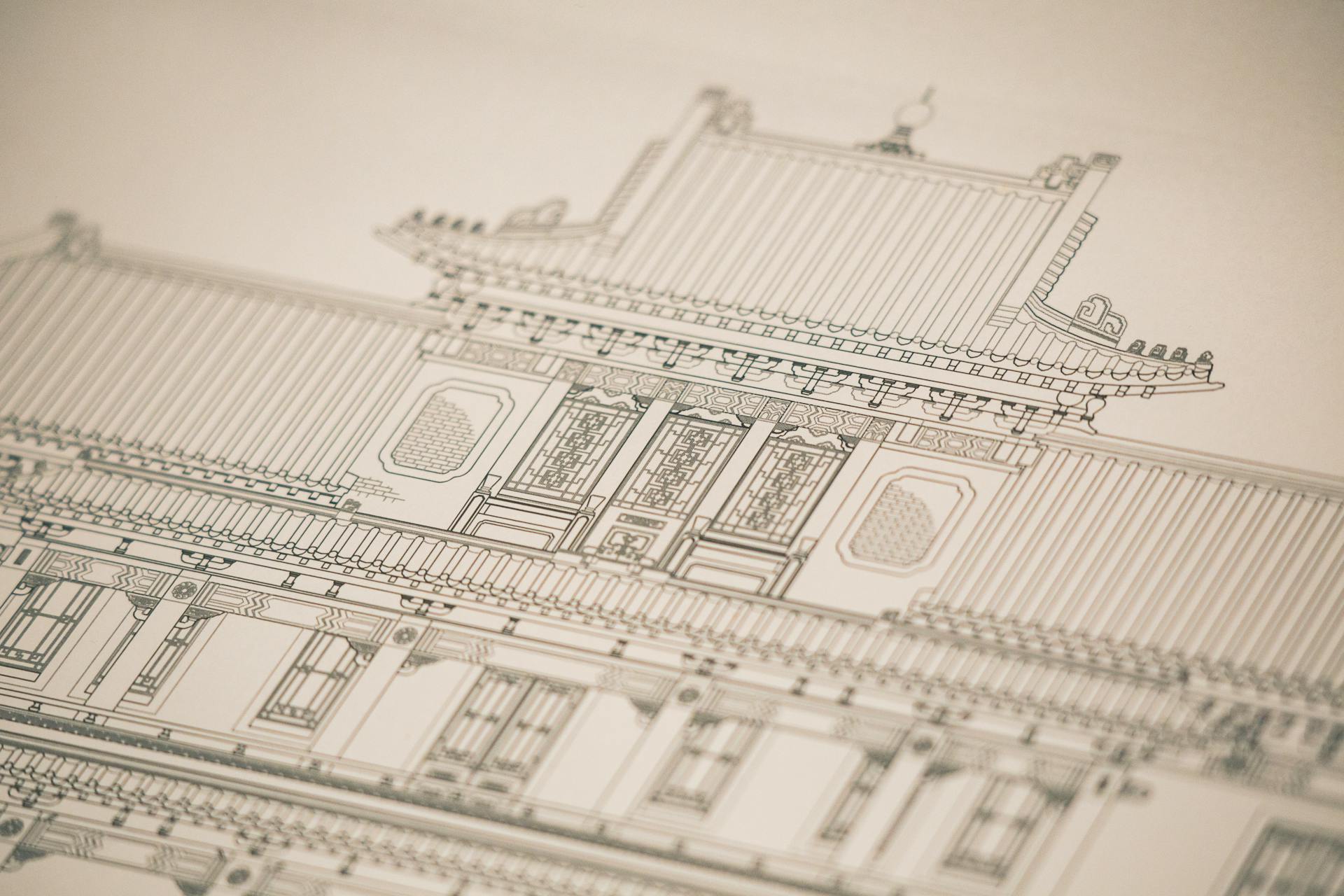 Detailed drawing of a traditional building showcasing intricate architectural design elements.