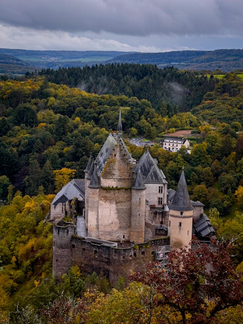 Grey Concrete Castle Surrounded by Green Trees