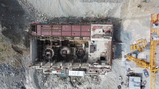 Aerial shot of a construction site with cranes in Matiltan, Pakistan, showcasing industrial progress.