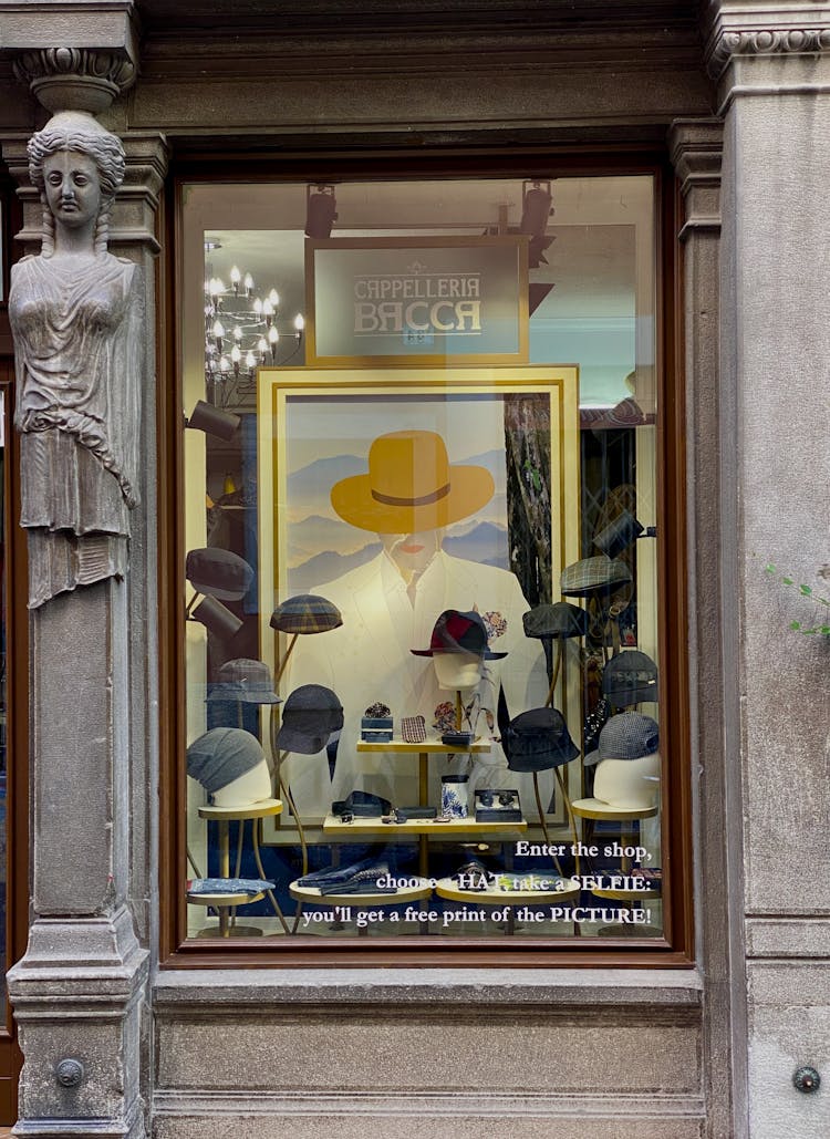 Hats On A Window Display In A Store 