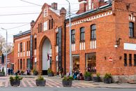 Brick facade of Āgenskalns Market in Riga, showcasing urban architecture.