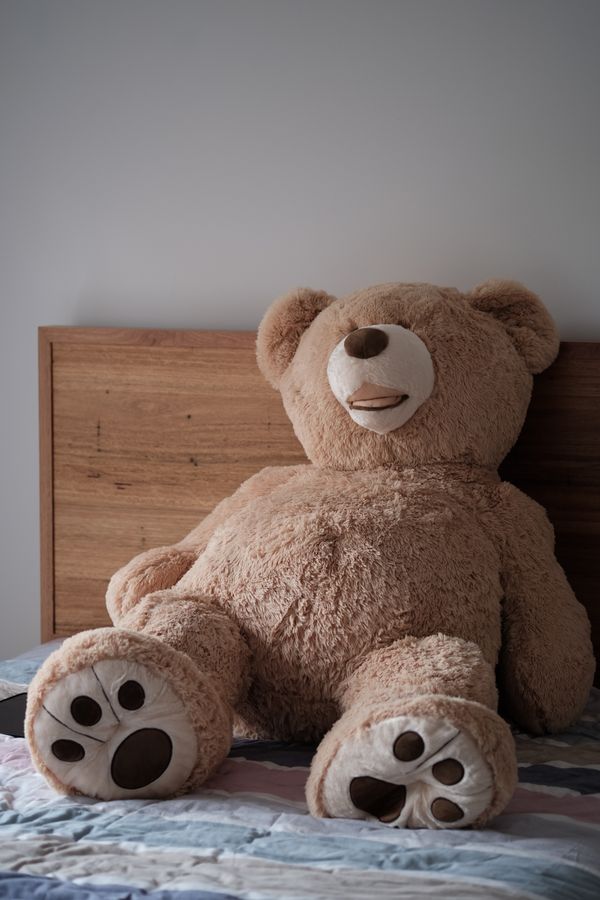A giant teddy bear sitting on a bed — photo by Jasmine Pang on Pexels