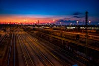 Aerial Photo of Train Rails Under Golden Sky