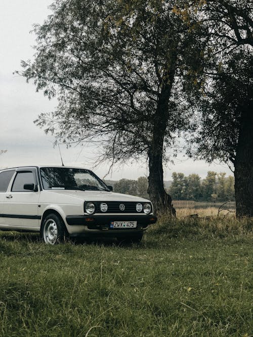 Photo of White Volkswagen Car parked on Grass