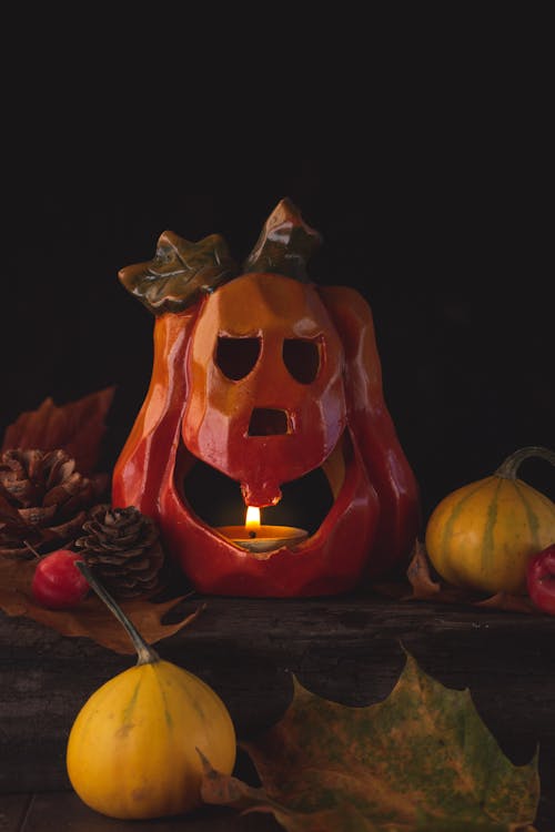 Carved Pumpkin with a Candle Halloween Decoration
