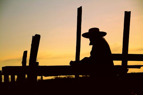 Silhouette of Man Wearing Hat Standing Near Wooden Fence
