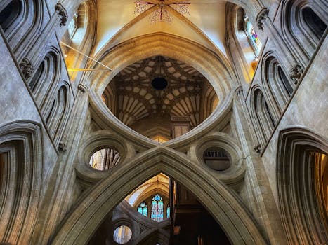 Intricate view of Wells Cathedral's Gothic ribbed vaulting and architecture in England.